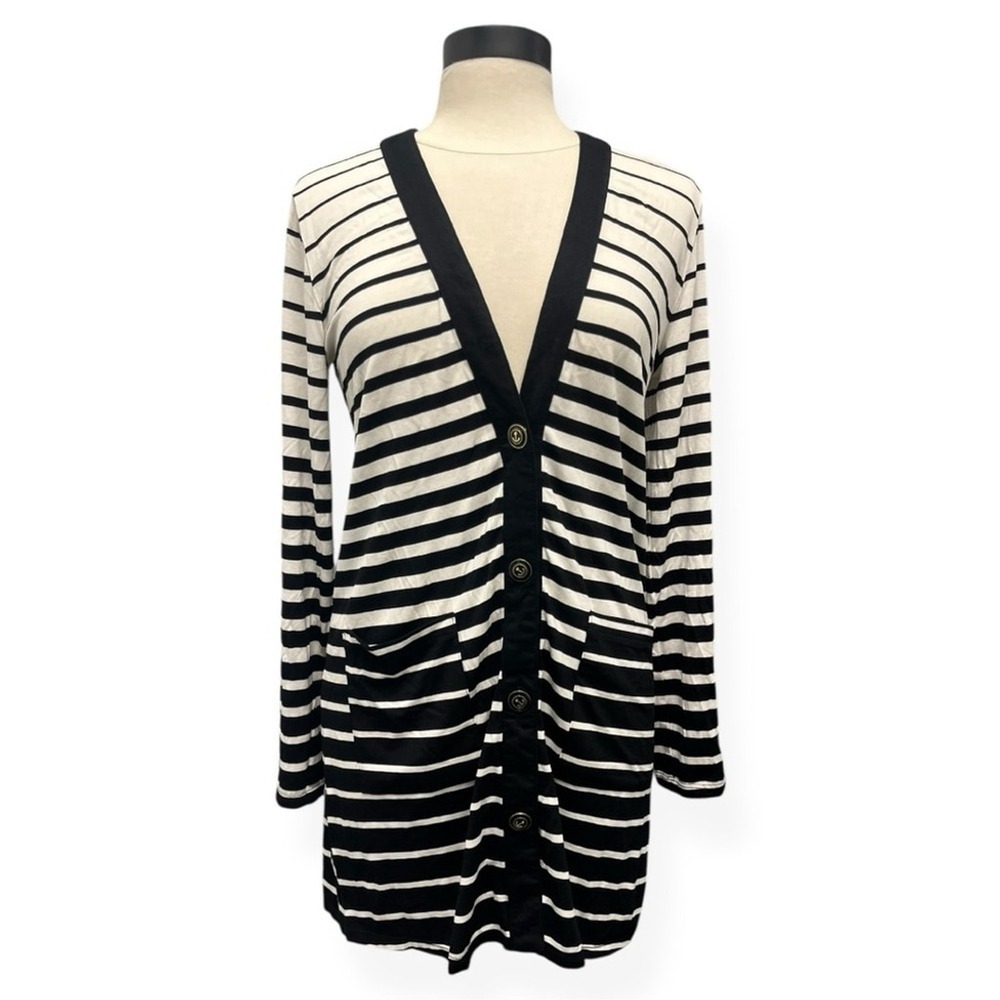 Dotti Oversized Pocketed Striped White Navy Cardigan Size XS Preppy Nautical NWT